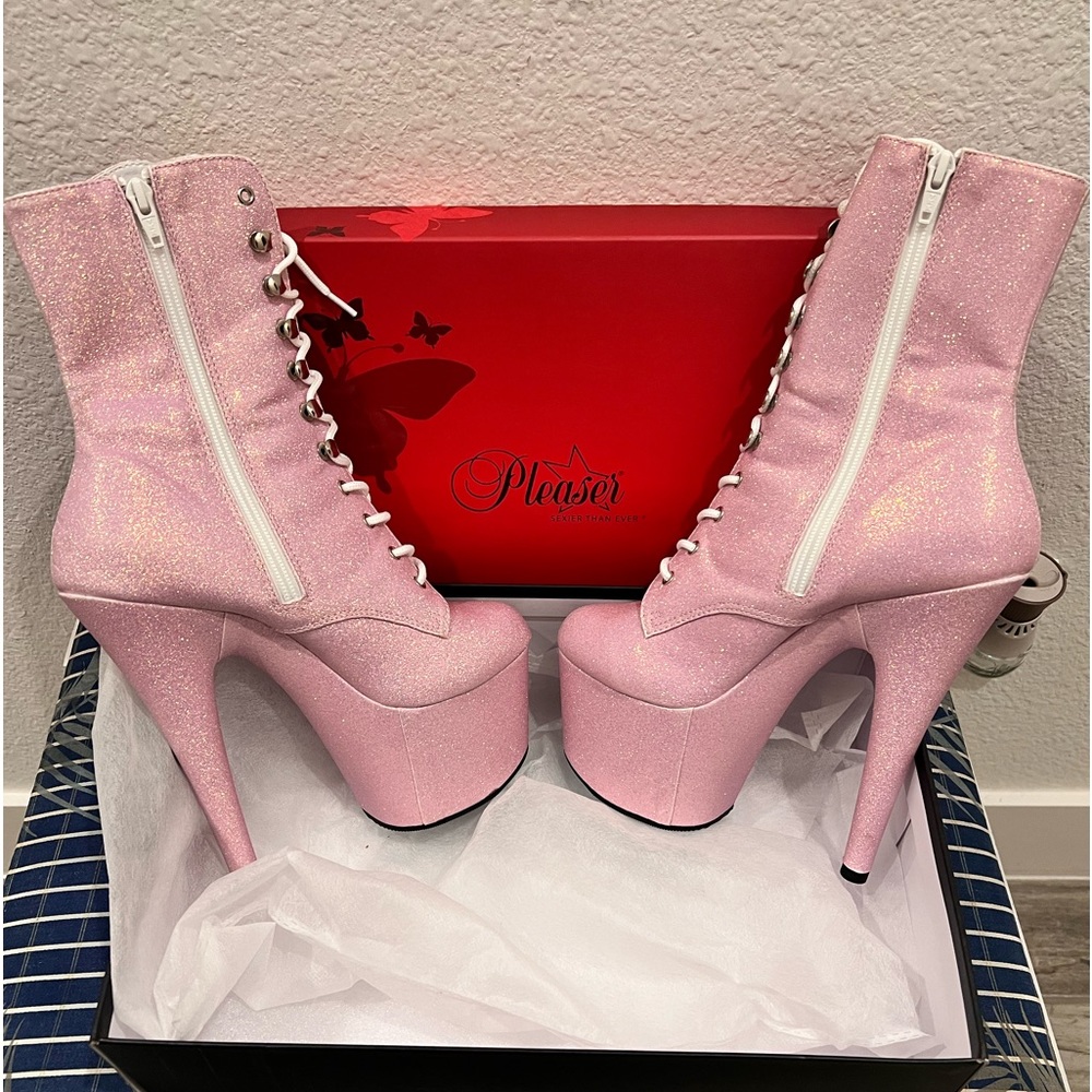 “Pleasers” 7in pink glitter heel boots